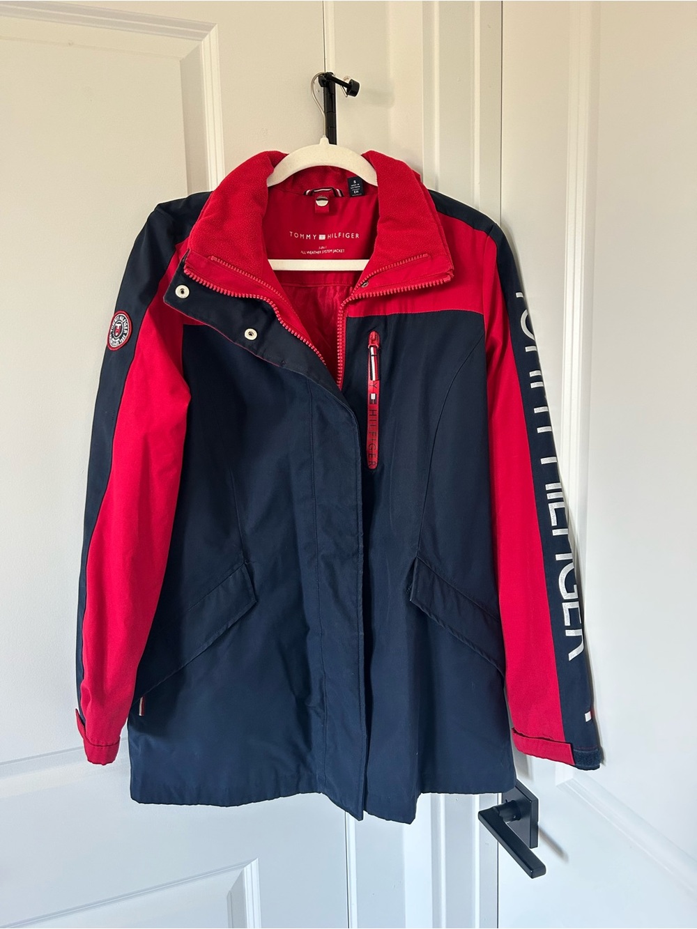 Tommy Hilfiger Navy and Red Raincoat with Sleeve Logo